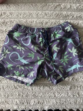 Men's Purple Swim Trunks with Green Lizard Print